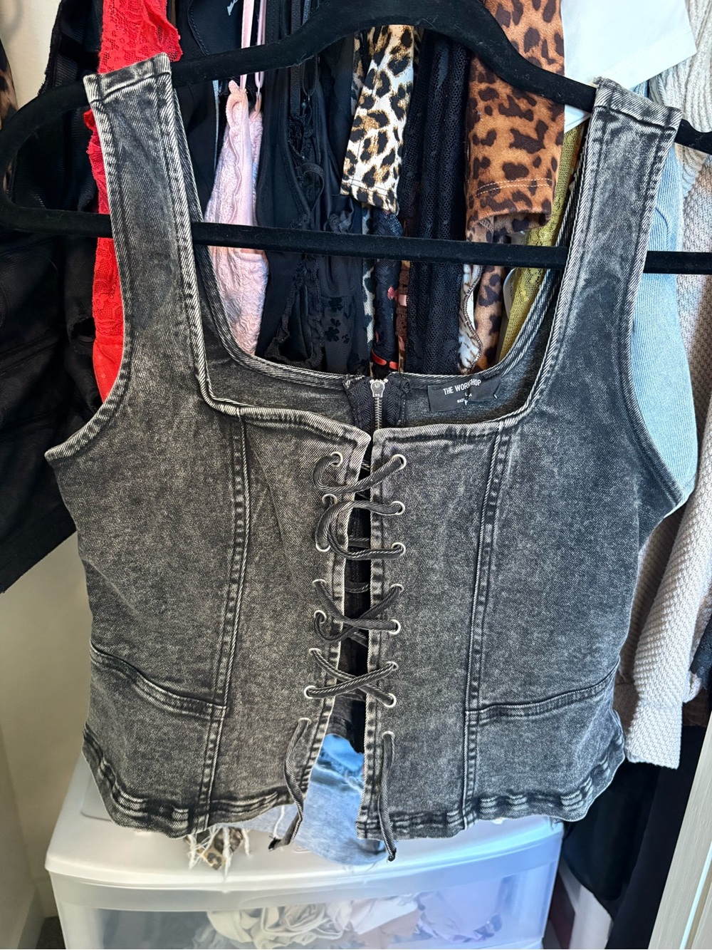 Grey Lace-Up Denim Crop Top